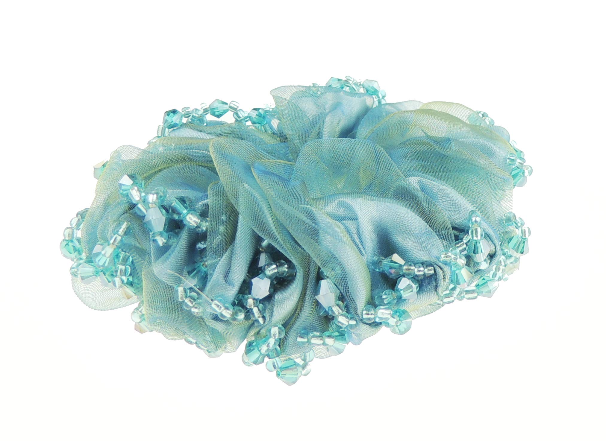 Womens Girls Chiffon Beaded Floral Fabric Scrunchie Christmas Birthday Bridal Wedding Party Ponio Hair Tie Up Back Elastic Accessories Bobbles Ponytail Holder Rubber Bands (No Flower Turquoise)