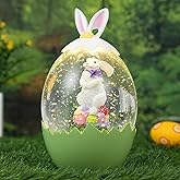 Easter Bunny Decor Snow Globe with 6-Hour Timer, Glittering Rabbit with Egg Lantern, USB/Battery Operated, Spring Home Decor for Office Party Decoration, Green