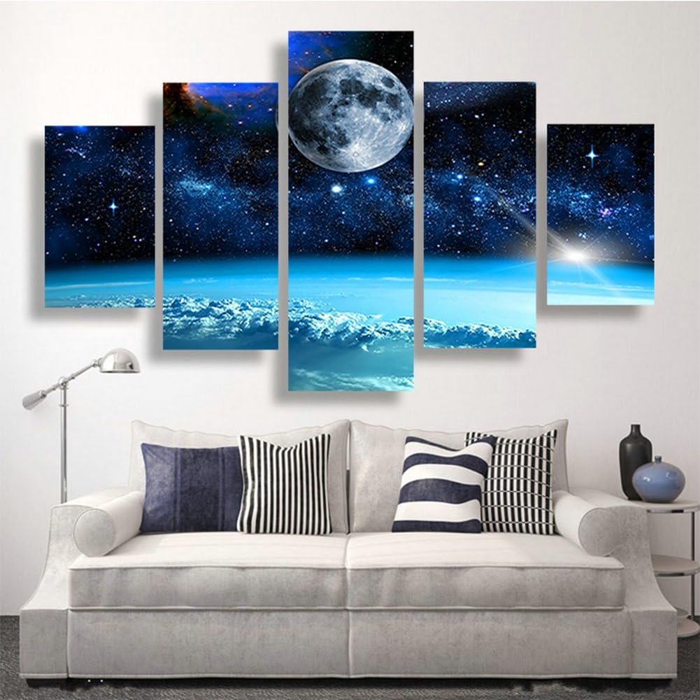 SwmArt 5 Panel Modern Printed Space Universe Landscape Paintings Canvas Picture Cuadros Earth Painting For Living Room(60"W x 32"H, Framed)