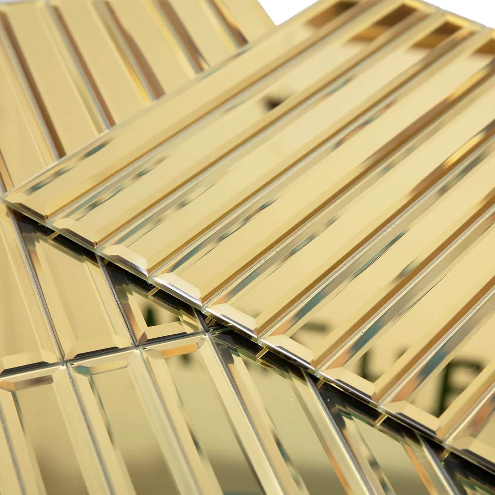 Photo 1 of Diflart Peel and Stick Mirror Backsplash Tile, Gold, 11.8 x 11.8 Inch, Beveled Mirror Strip Tile for Kitchen Bathroom Bar Accent Wall, Pack of 5 Sheets