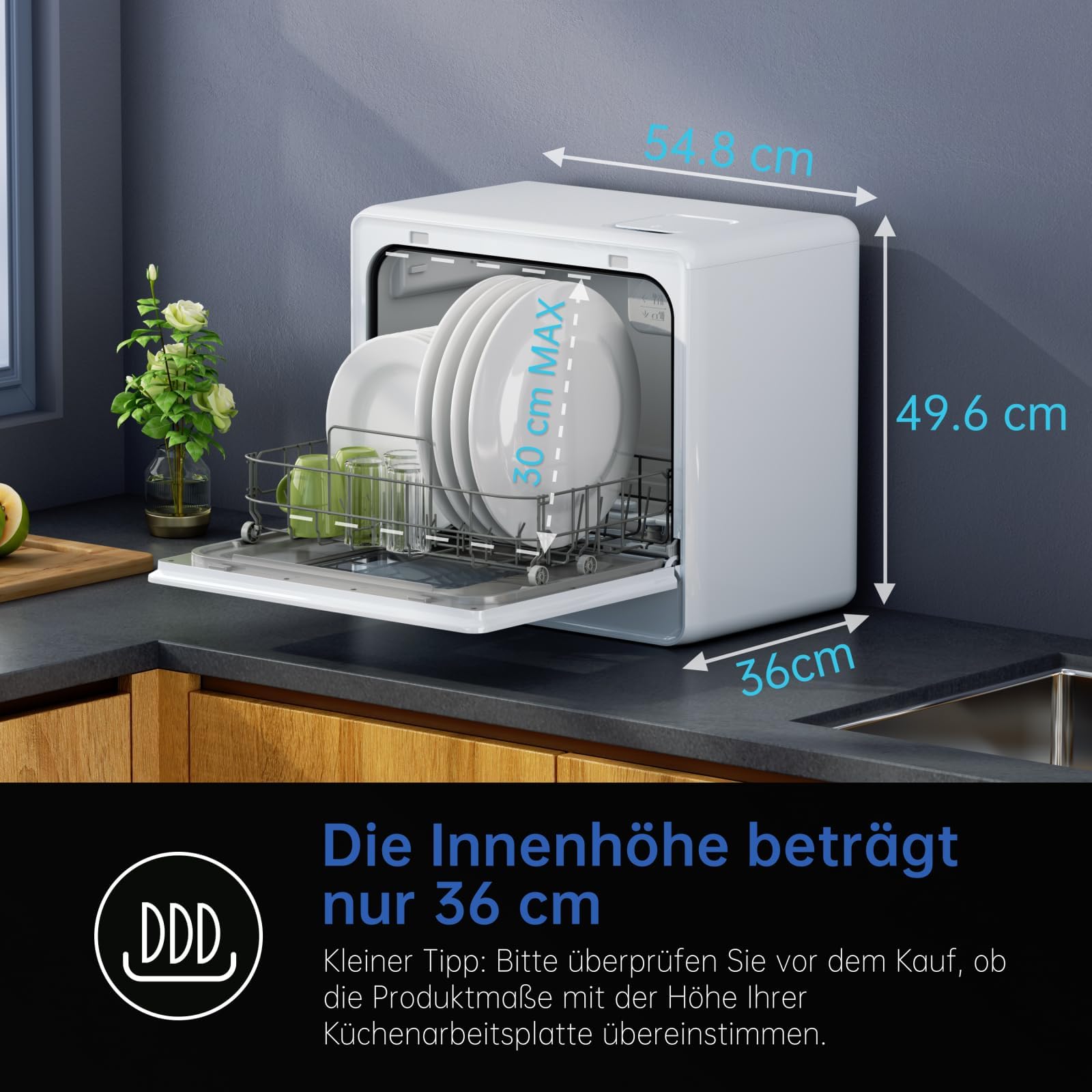 AIRMSEN Tischgeschirrspüler Mini Geschirrspüler mit Weichwasseranlage, 7+2 Programmen & 5L Wassertank, Kompakte Spülmaschine mit/ohne Wasseranschluss, Ideal für Wohnungen Wohnmobil Weiß 3