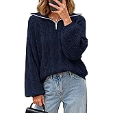 BTFBM Sweaters for Women Fall Fashion 2025 Loose Quarter Zip Pullover Collared Long Sleeve Cable Knit Winter Clothes