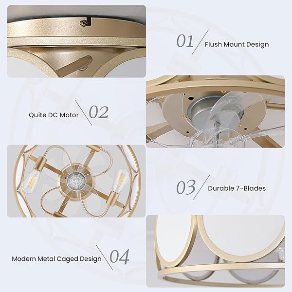 EPINL CAGED CEILING FAN WITH LIGHT – 19.7″ LOW PROFILE CEILING FAN WITH LIGHTS MODERN FLUSH MOUNT FANDELIERS WITH LIGHTS AND REMOTE 6 SPEED QUIET CEILING FANS FOR BEDROOM LIVING ROOM KITCHEN