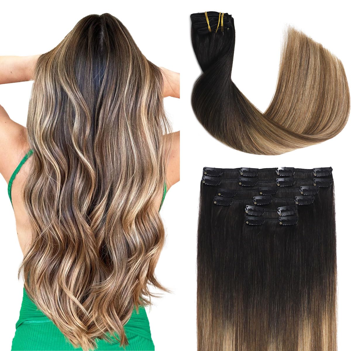 Sindra Clip in Hair Extensions Human Hair,14 Inch 100g 6pcs Ombre Natural Black to Dark Brown Mix Blonde Balayage Clip in Hair Extensions For Fashion Women #1B/4/27,14" — image 1