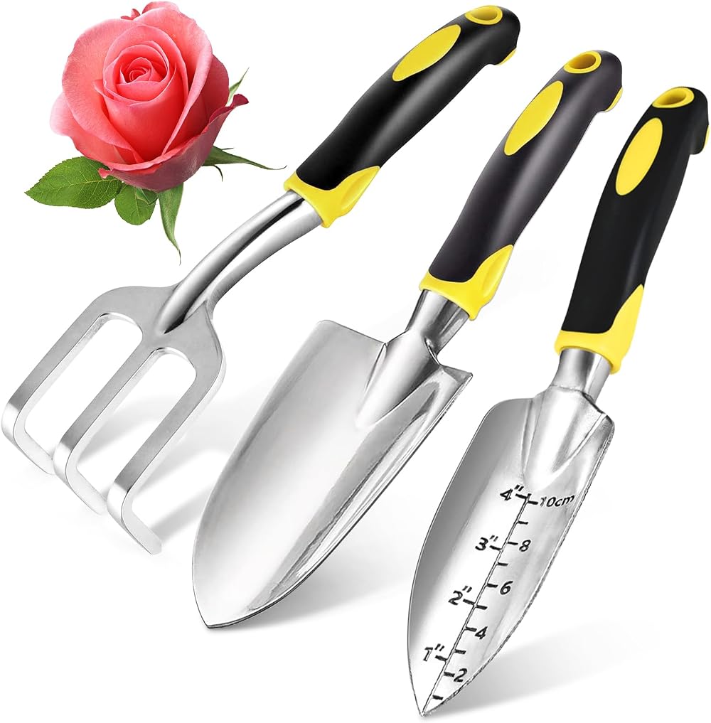 Showvigor Garden Tool Set 3 Piece Aluminum Kit Rake Shovel Trowel Yellow