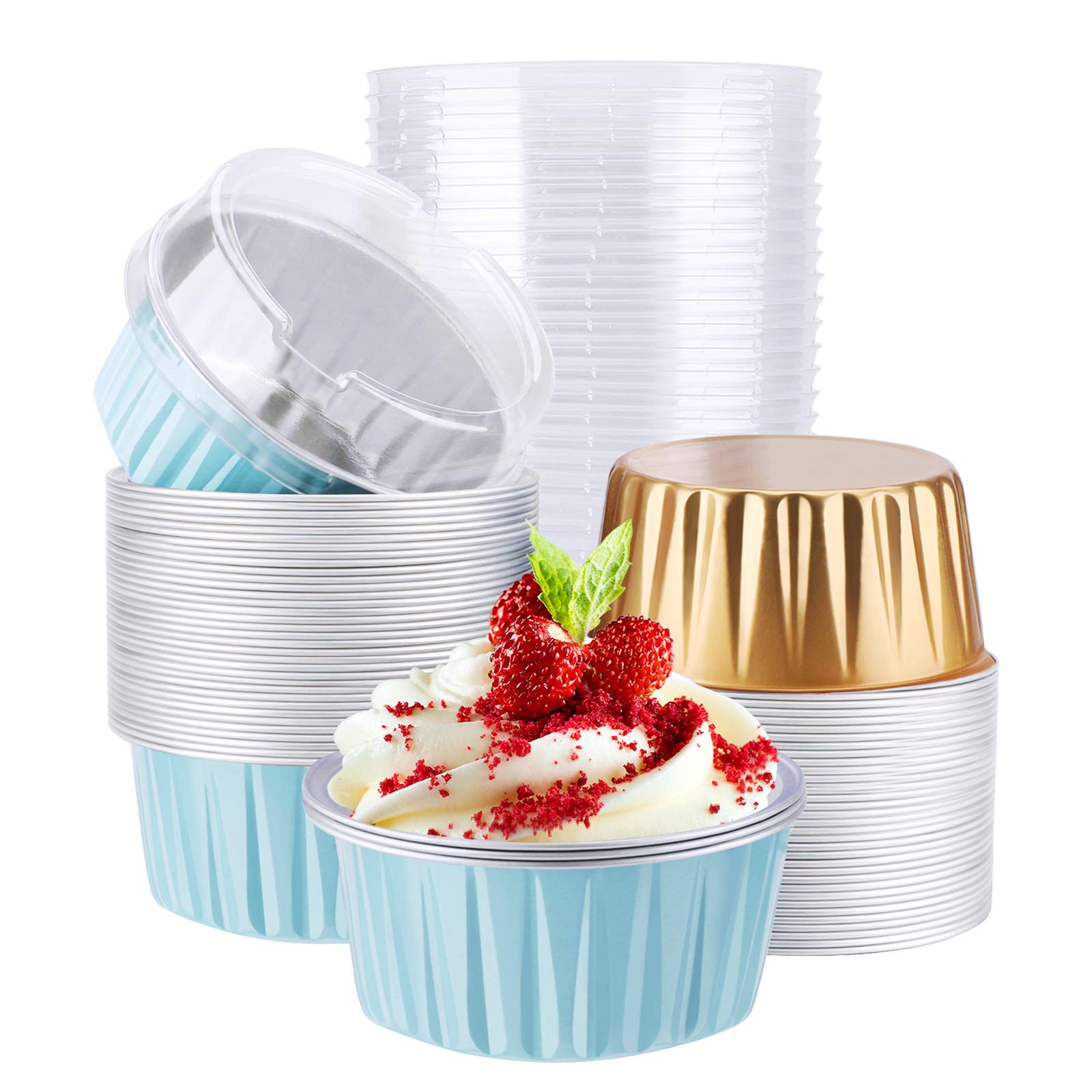 EUSOAR Aluminum Foil Cups, 5 oz 60pcs Baking Cups with Lids, 125ml Snacks Desserts Flan, Cupcake Pie Ramekin, Catering Gathering Club Shower Party Favor Baking Cups-Lake Blue+Gold