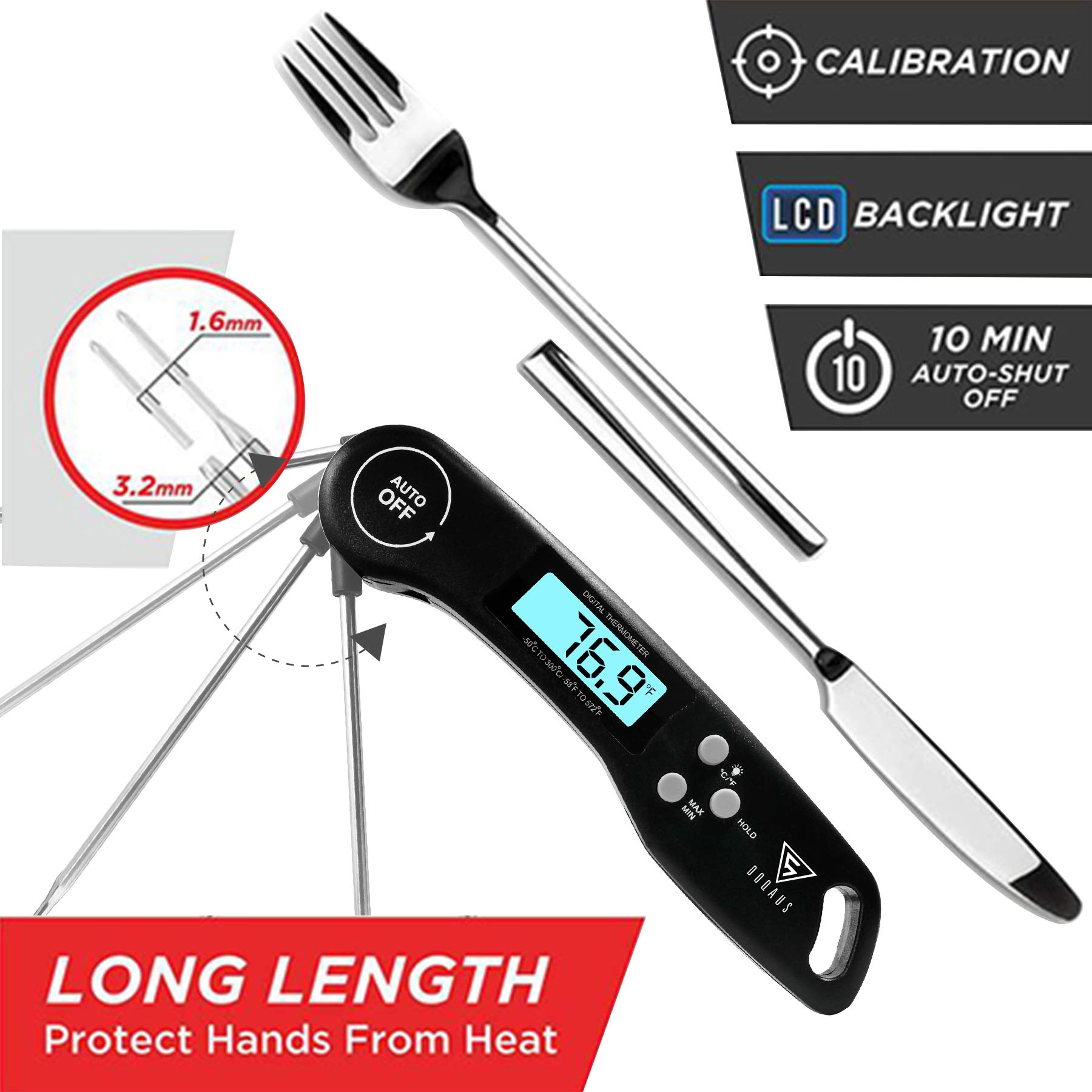 Meat Thermometer, DOQAUS Instant Read Thermometer Digital Ultra Fast Kitchen Cooking Food Candy Thermometer with Backlight, Magnet & Foldable Long Probe for Grilling BBQ Turkey Oil Smoker Thermometer