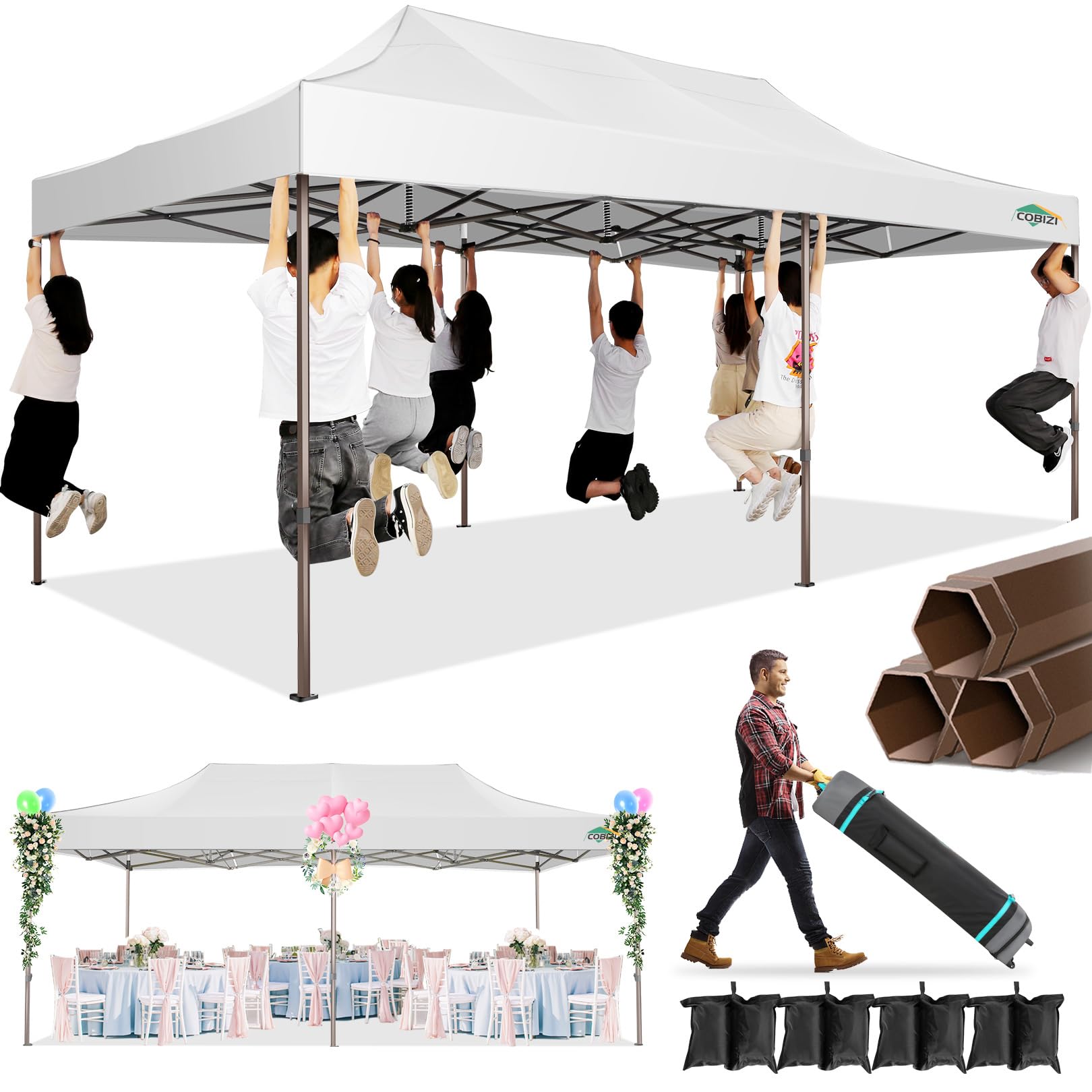Photo 1 of **FOR PARTS ONLY** COBIZI 10x20 Pop Up Canopy Heavy Duty Without Sidewalls, Commercial Heavy Duty Pop Up Tent for Parties All Weather Waterproof and UV 50+ Wedding Tent with Roller Bag(Legs Upgraded),White
