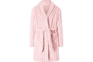 Umeyda Girls Soft Fleece Bathrobe, Cable Plush Hoodless Warm Robes with Belt Pockets for Kids, 2-15Y
