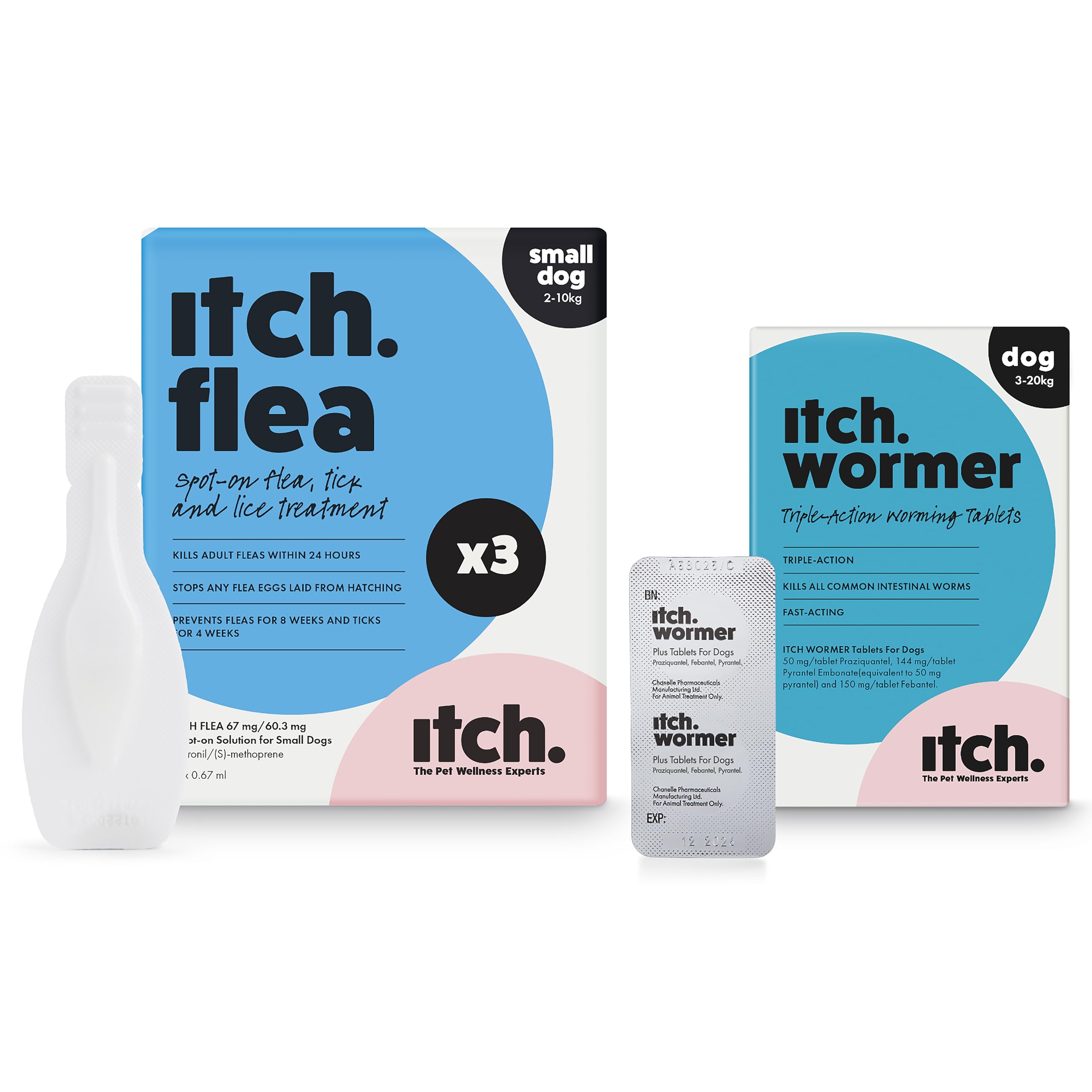 Itch - Small Dog Flea & Tick Treatment and Wormer Bundle for Dogs - Dogs 3kg-10kg - 3 Flea Pipettes and Itch Wormer-2 Tablets