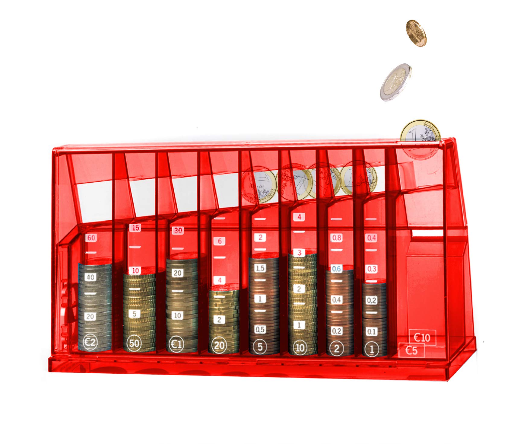 ECB Coin Sorter Euro Box for Office and Children's Rooms Available as a Gift for Adults and Children Also Made from Recycled Plastic Lockable (with Key) Transparent Colourful red