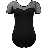 Hanebel Women Ballet Leotard Mesh Short Sleeve Dance Leotard for Adult, Mesh Round Neck Splicing, Full Front Lining