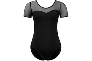 Hanebel Women Ballet Leotard Mesh Short Sleeve Dance Leotard for Adult, Mesh Round Neck Splicing, Full Front Lining