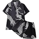 SHENHE Women's Satin Pajamas Set Leopard Print Short Sleeve Button Down Pjs Shorts Set Sleepwear