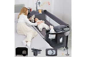 MEICHYUN 5 in 1 Baby Bassinet Bedside Sleeper,Pack and Play Bassinet with Diaper Changer,Blackout Cover,Mattress,Music,Bedside Crib with Storage,Playard with Bassinet from Newborn to Toddles.(Grey)
