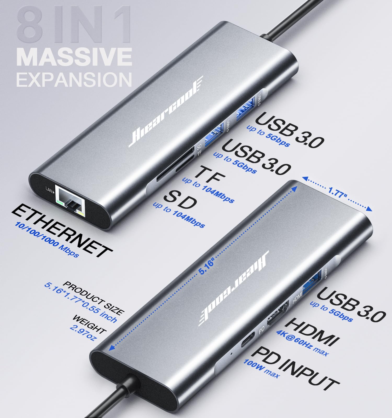 Hiearcool USB C Hub Ethernet,4K@60 USB-C to HDMI Hub,8in1 Multi-Port USBC Adapter Type C Dock Dongle Compatible for MacBook Pro Air iPad Dell Lenovo