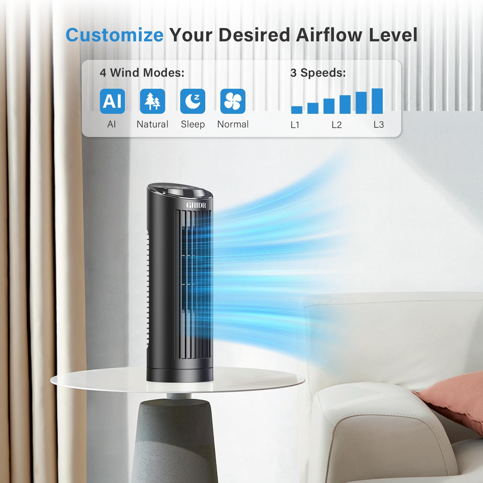 Tower Fan Bladeless with 3 Speeds, 4 Mode [AI, Normal, Natural, Sleep], Table Fan 80° Oscillation, Touch Screen + Remote Control, 12H Timer, 13