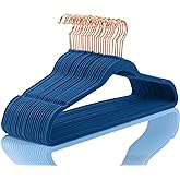 MIZGI Premium Velvet Hangers (50 Pack) Heavy Duty - Non Slip Felt Hangers - Velvet Suit Hanger Mediterranean Blue - Rose Gold Hooks,Space Saving Clothes Hanger