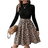 SweatyRocks Women's Leopard Print A Line Dress Mock Neck Long Sleeve Flowy Dresses with Belt