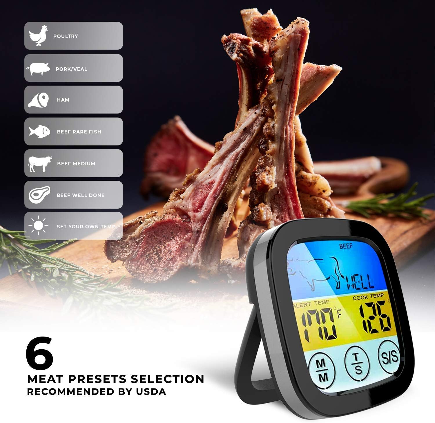 Digital Touchscreen Food Thermometer for Meat Poultry Fish Cooking in Frying Pan Smoker Oven BBQ Grill with Sensitive Color LCD Display | All Temperature and Timer Modes | Best Taste Results (Silver): Kitchen & Dining