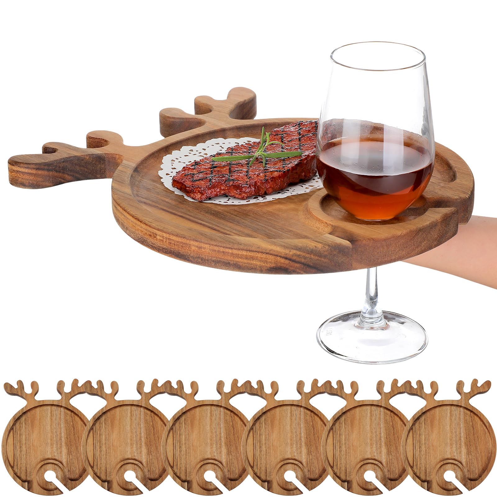 Photo 1 of Maxcheck 6 Pcs Christmas Charcuterie Boards 12 Inch Wine Appetizer Plates Acacia Wood Xmas Cutting Board Platters Serving Tray Dish Deer Antler Cocktail Plate with Wine Holder Decor for Kitchen Gift