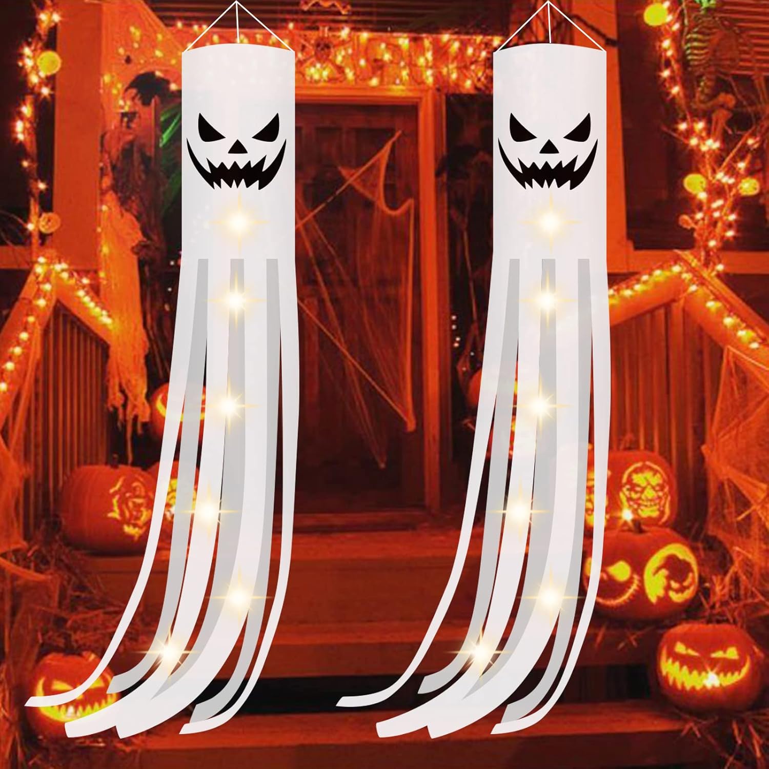 Flags - CCINEE 2 Pack Halloween Ghost Windsock Flag with Lights, 70.8 Inch Glow in The Dark Halloween Outdoor Hanging Decor for Yard Patio Garden Pathway Party Decoration(2023 Upgraded)