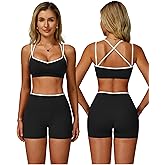 PQBPQB Women 2 Piece Workout Set Spaghetti Straps Padded Colorblock Sports Bra V High Waist Tummy Control Shorts Gym Outfit