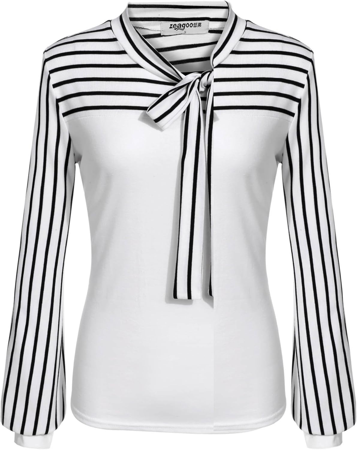 Women's Tie-Bow Neck Striped Blouse Long Sleeve Shirt Office Work Splicing Blouse Shirts Tops