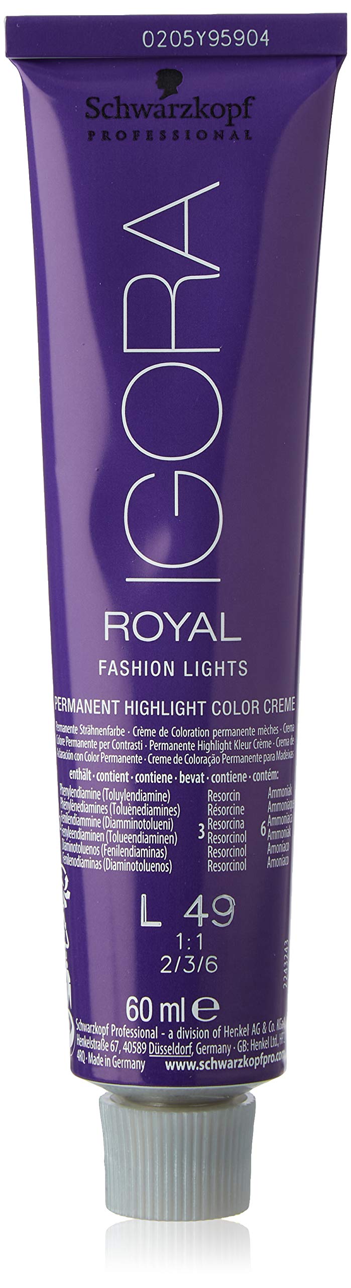 Schwarzkopf Professional Igora Royal Fashion Lights Permanent Highlight Hair Colour Cream, L-49 Beige Violet, 60 ml
