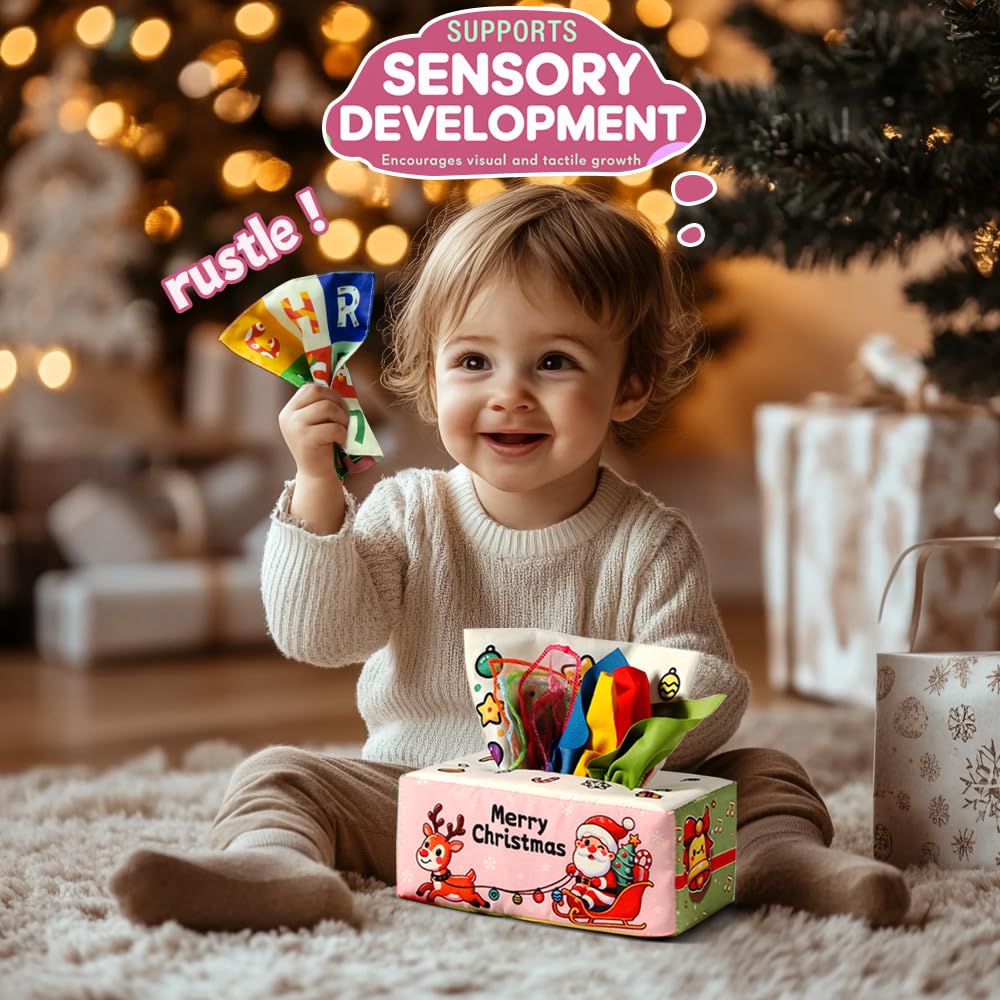 Christmas Baby Toy for 6-12M – Christmas Tissue Box Sensory Pull Toy with Crinkle Papers, Handkerchiefs & Scarves – Ideal Stocking Stuffer for Toddlers