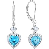 PYNZY Heart Dangle Drop Earrings for Women, 925 Sterling Silver Earrings with 7x7MM Birthstones Love Heart Leverback Jewelry Gifts for Her