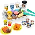 Pretend Play Kitchen Mini Foods Set for Kids Hamburger Fries Noodles Drink with Tray Playset,Play House Kitchen Accessories Role Toys Birthday Gifts for Boys Girls 3 4 5 Yrs (29Pcs Dessert Drinks)