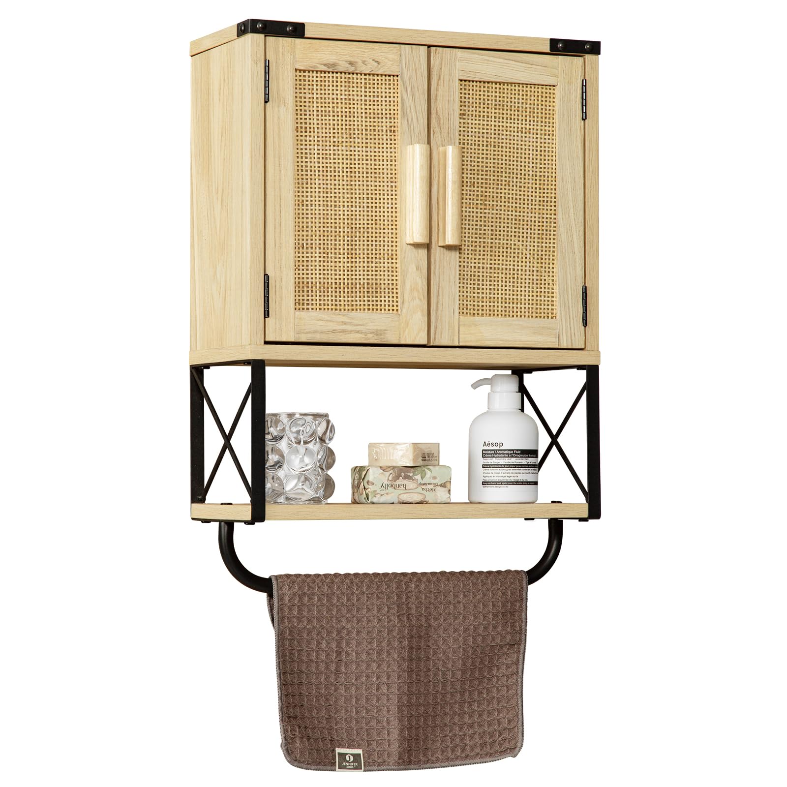 Photo 1 of RUSTOWN Farmhouse Rustic Medicine Cabinet with Two Barn Door, Boho Wood Wall Mounted Storage Cabinet with Adjustable Shelf and Towel Bar, 3-Tier Cabinet for Bathroom, Living Room(Rattan)