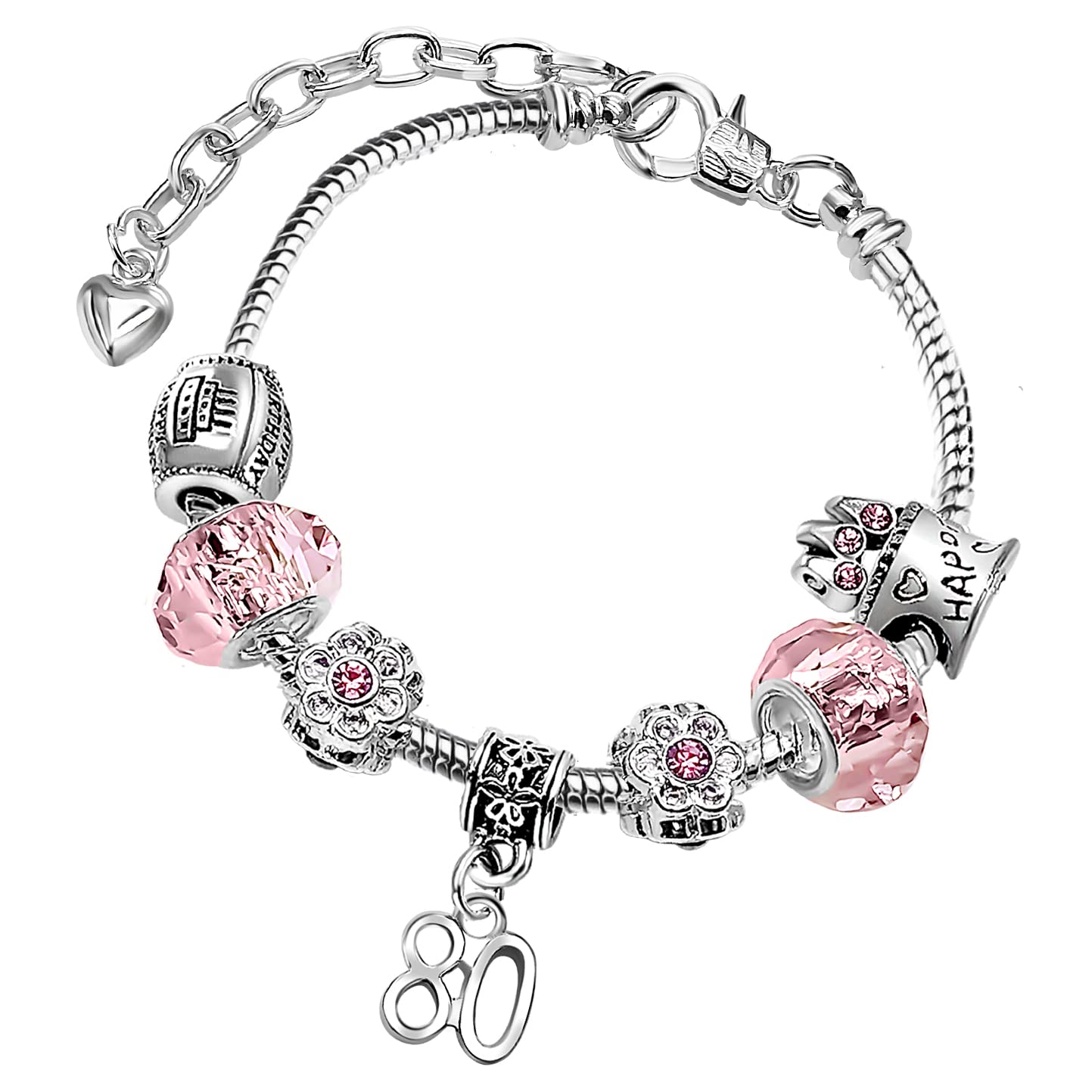 80th Birthday Sparkly Pink Crystal and Silver Plated Adjustable Celebration Charm Bracelet with Gift Box Age 80