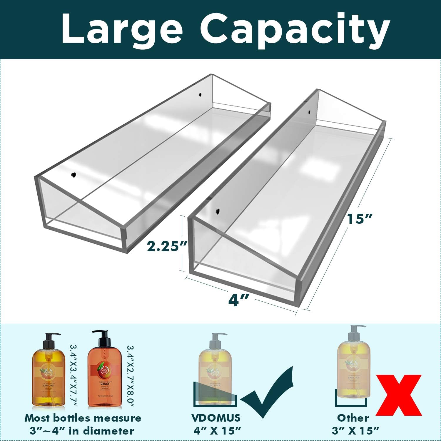 Vdomus Acrylic Bathroom Shelves, Wall Mounted Non Drilling Thick Clear Storage & Display Shelvings, 2 Pack (Original): Kitchen & Dining