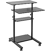 VIVO Mobile 28 in Standing Desk Workstation, Holds 132 lbs | Height Adjustable Compact Desk, Rolling Laptop Cart with Storage, Black, CART-V02DB