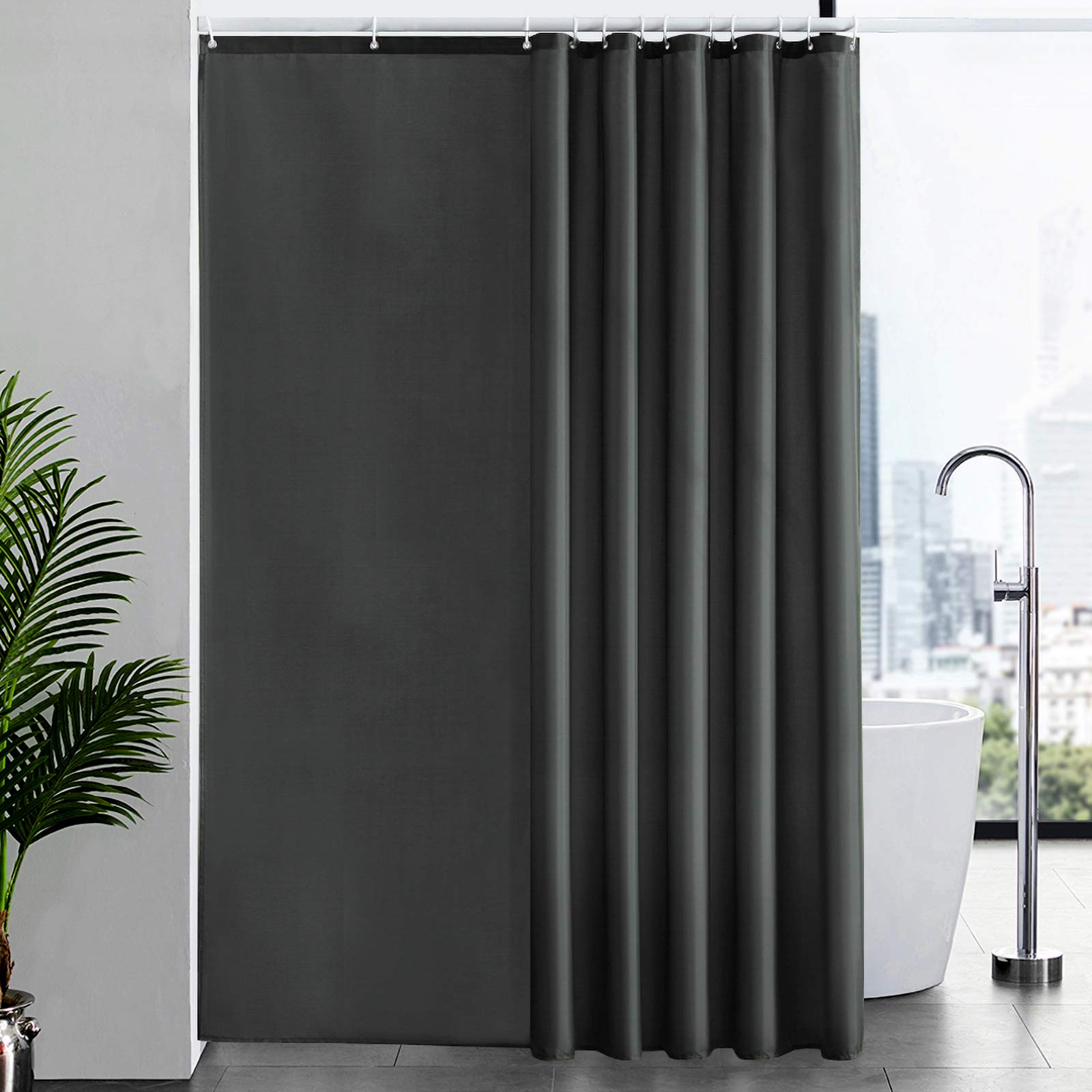 Furlinic Shower Curtain Mould Proof Resistant Wetroom Bathroom Polyester Fabric Shower Curtains Liner Waterproof Rustproof Washable Weighted with 12 Hooks Dark Grey Extra Long 200x240cm 78x94 Inch.