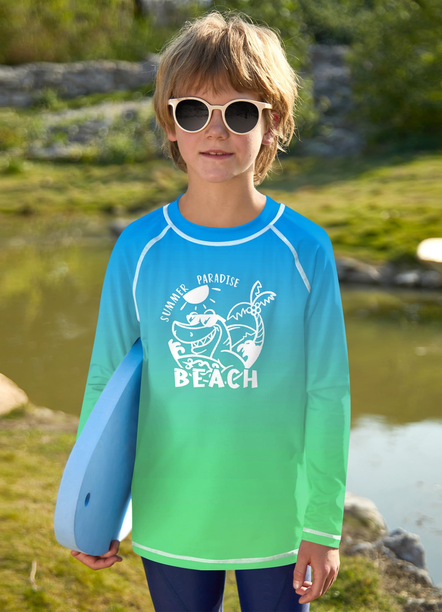 Jungen Sonnenschutz Langarm UV Shirt UPF 50+ Schnelltrocknend Rundhals Rashguard Beach-Grün 120 2