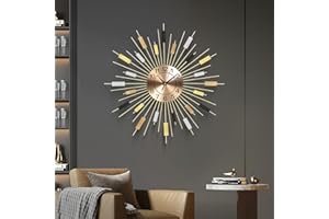 Anmotpe Starburst Wall Clock Gold Wall Clock Modern Sunburst Clock Wood Round Non-Ticking Big Clocks for Living Room Bedroom 