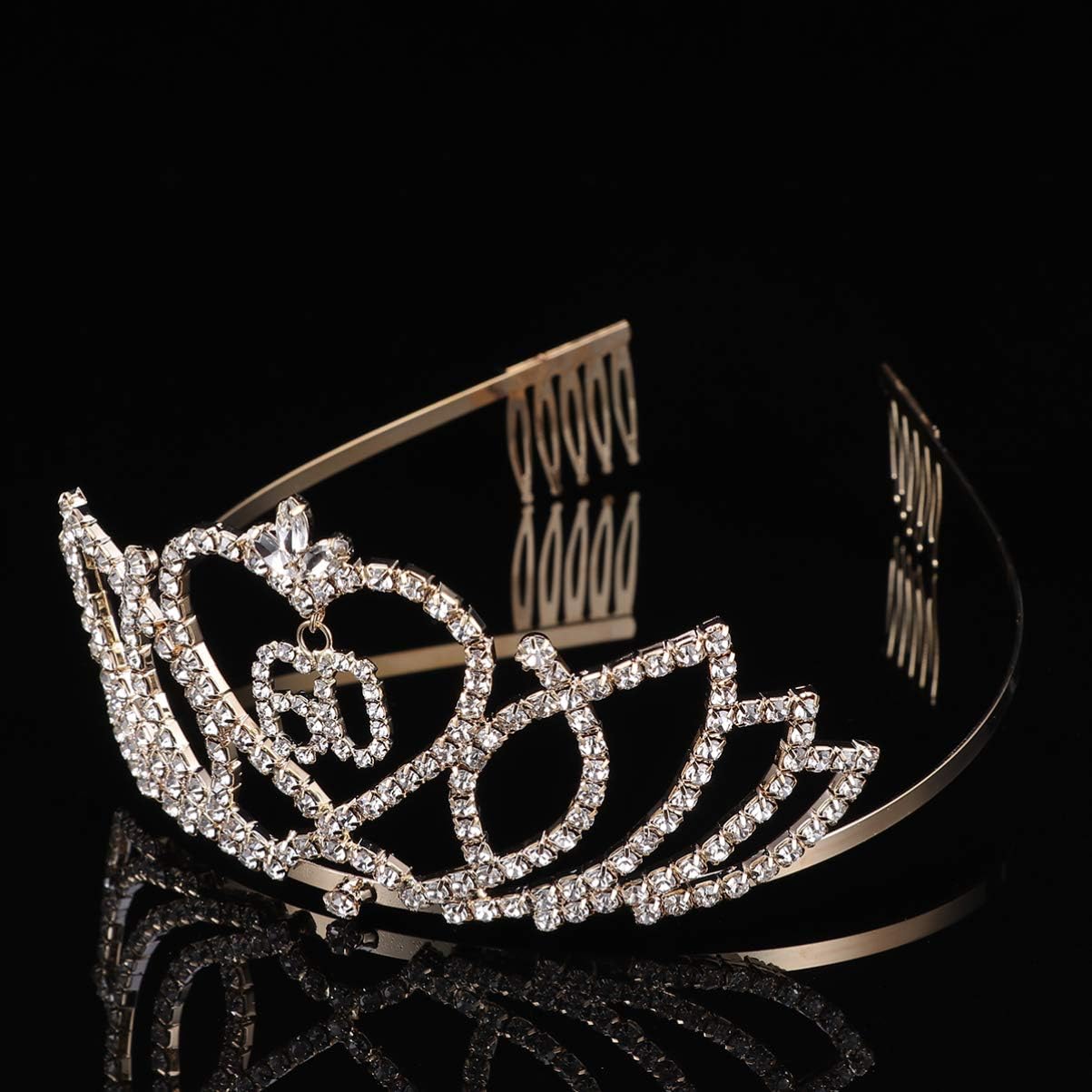 Crystal Rhinestone 60th Birthday Tiara Crown with Hair Comb 60th Birthday Tiara Wedding Anniversary Jewelry (Golden) - Image 4