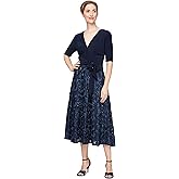 Alex Evenings Women's Tea Length Dress with Rosette Detail