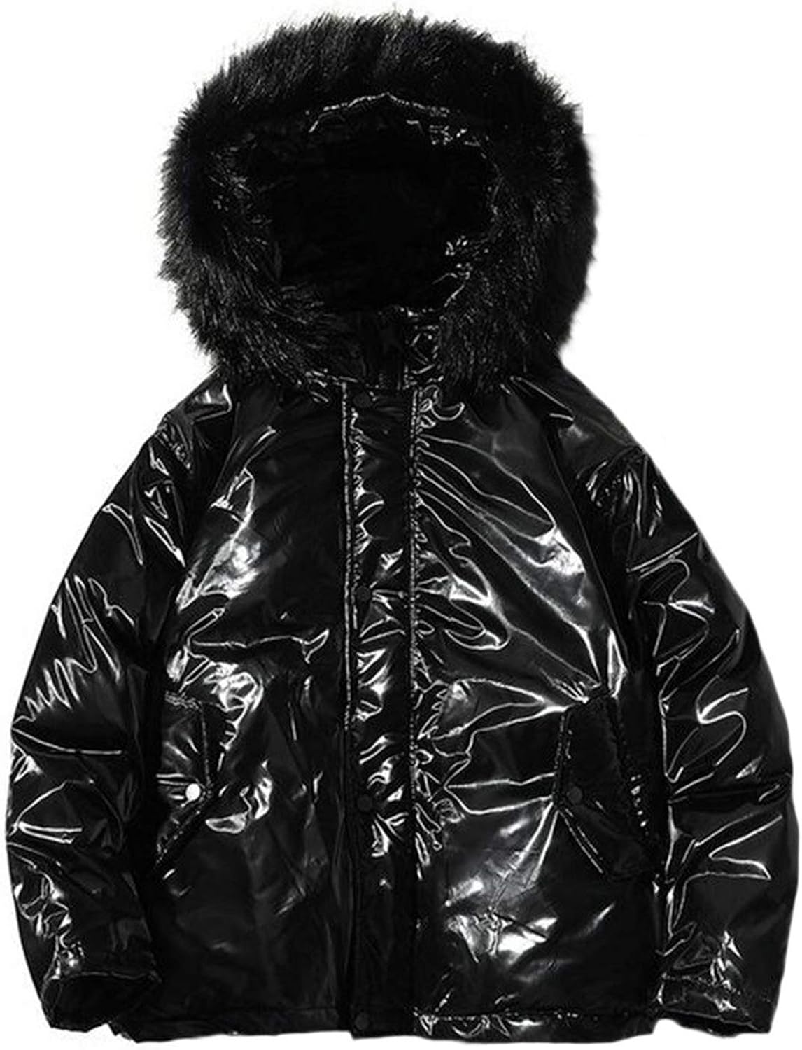 TSTZJ Men's Winter Padded Hooded PU Artificial Leather Shiny Down