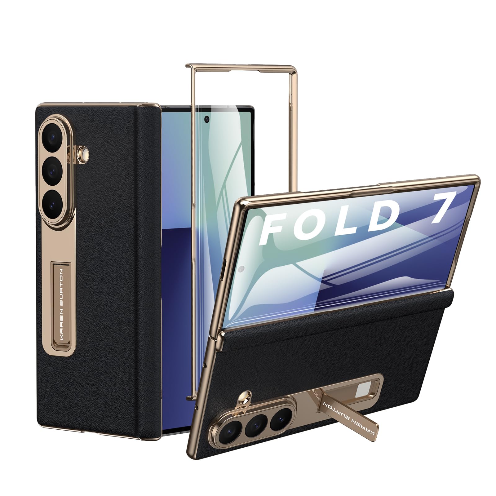 Photo 1 of Kalernd for Samsung Galaxy Z Fold 7 Phone Case,Luxury Genuine Leather,Full Body Hinge Protection,Built-in Screen Protector,Kickstand Slim Phone Cover for Galaxy Z Fold7 (Black)