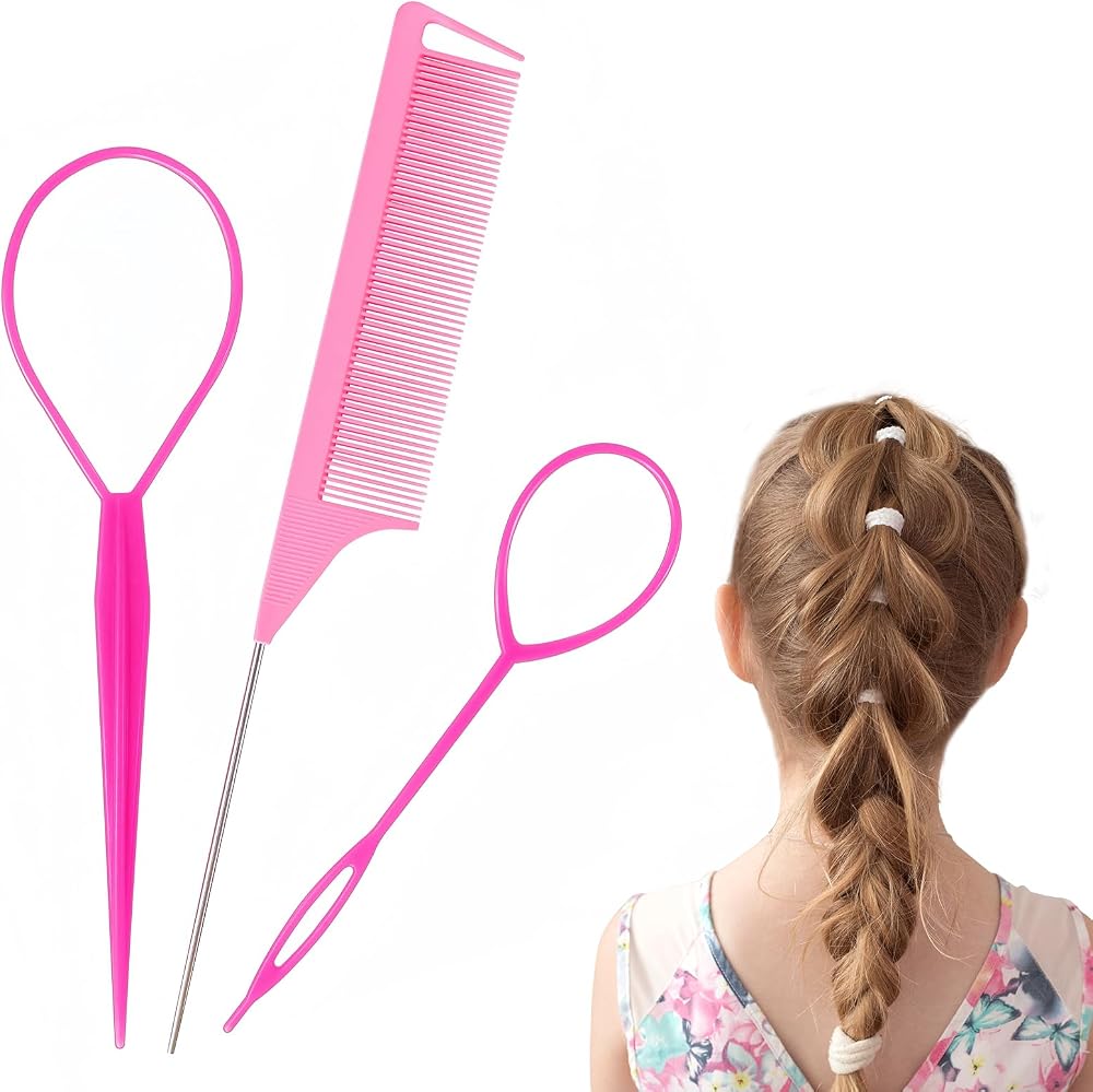 Sularpek Topsy Tail Hair Tool Set Pink 3pcs Looping Bun Updo Ponytail Comb