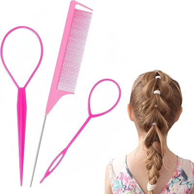 Sularpek Topsy Tail Hair Tool Set Pink 3pcs Looping Bun Updo Ponytail Comb