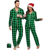 YOPUGEE Christmas Matching Pajamas Set Couples Button Down Sleepwear Loungewear Long Sleeve Pjs Set Black&Green Plaid L