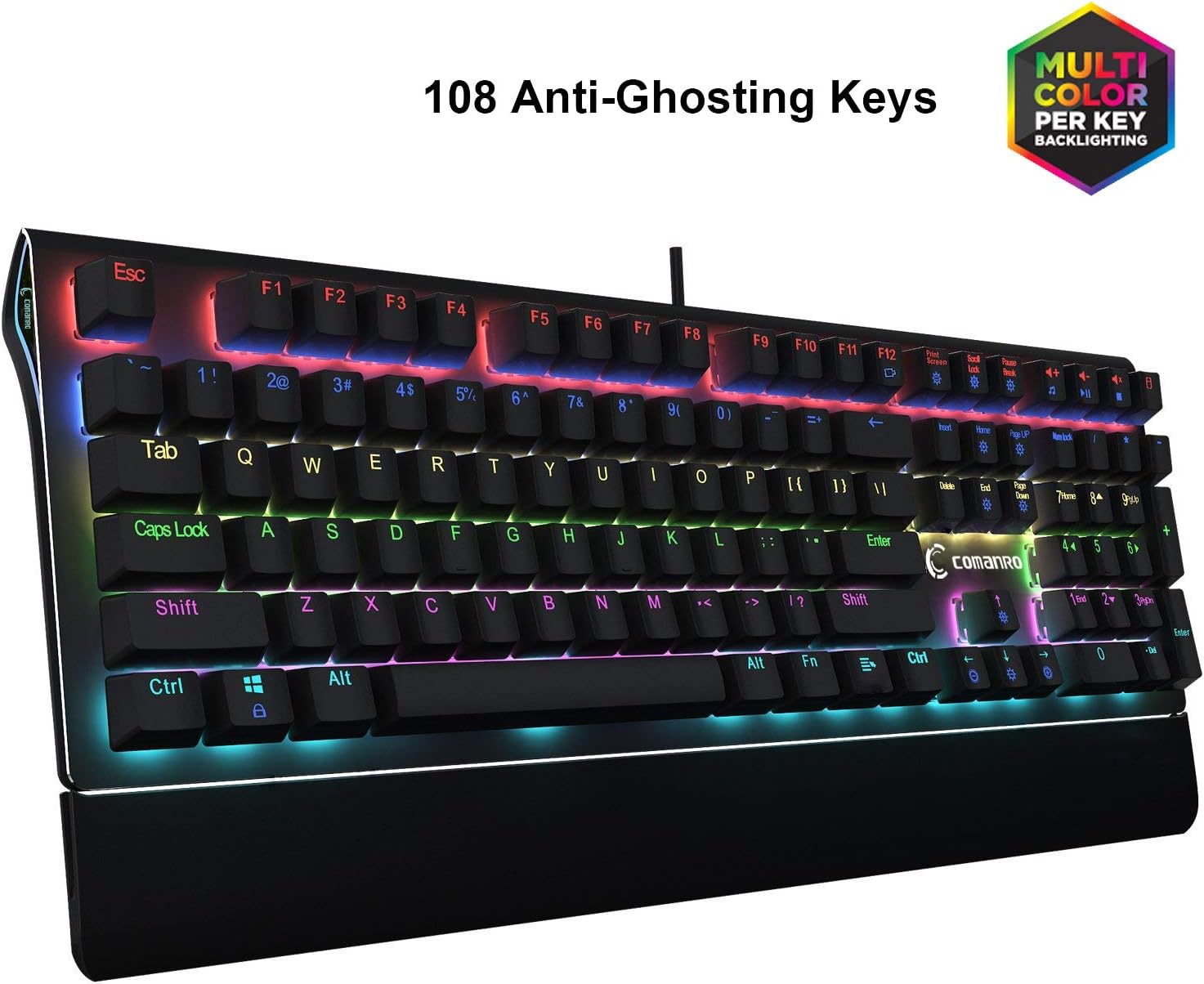 RK Mechanical Keyboard 108-Key Rainbow Backlit with Side Lights, Floating Design LED Gaming Keyboard with Blue Switch, Anti-ghosting USB Wired Gamer Keyboard - Black