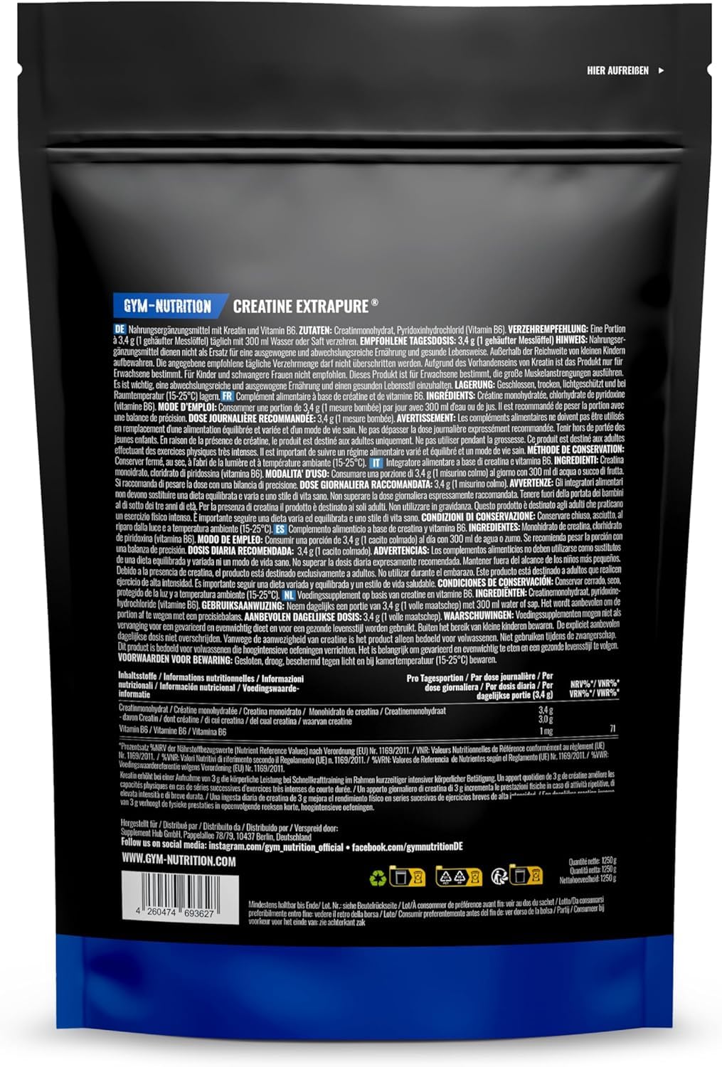 Creatin Monohydrat Pulver 1,25kg / 1250g - Ultra Reines Kreatin Monohydrat mit Vitamin B6 -Hochdosiert - Extrapure Creatine Monohydrat - Creatin Pulver Monohydrate - Vegan Jahresvorrat 2