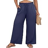 OLRIK Plus Size Wide Leg Pants for Women Casual Loose High Waist Pleated Lounge Pants Summer Trousers Dark Blue-3X