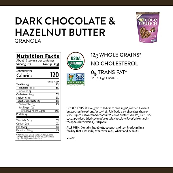 LOVE CRUNCH ORGANIC DARK CHOCOLATE & HAZELNUT BUTTER GRANOLA, 10.6 OZ (PACK OF 1), NON-GMO, FAIR TRADE, BY NATURE’S PATH